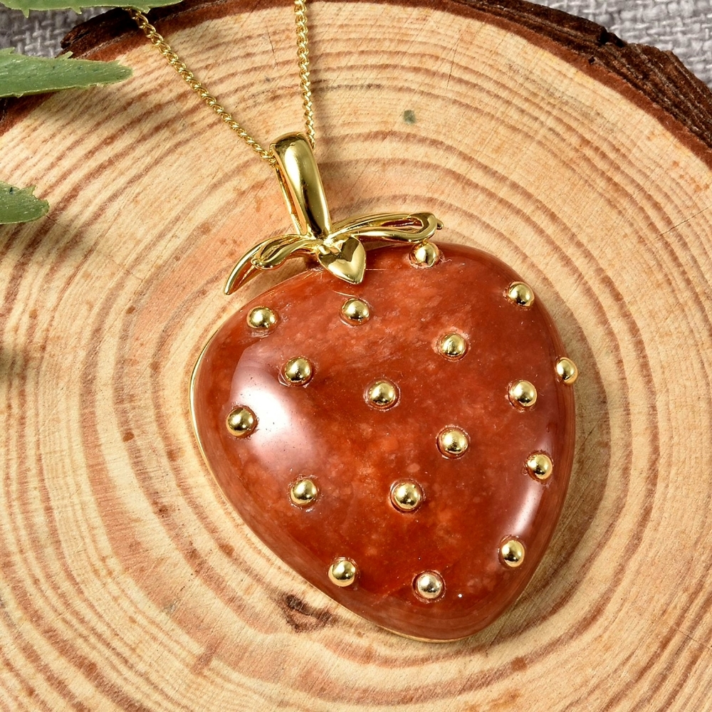 NWT RED JADE STRAWBERRY π PENDANT NECKLACE IN YELLOW GOLD OVER STERLING SILVER - Picture 3 of 6